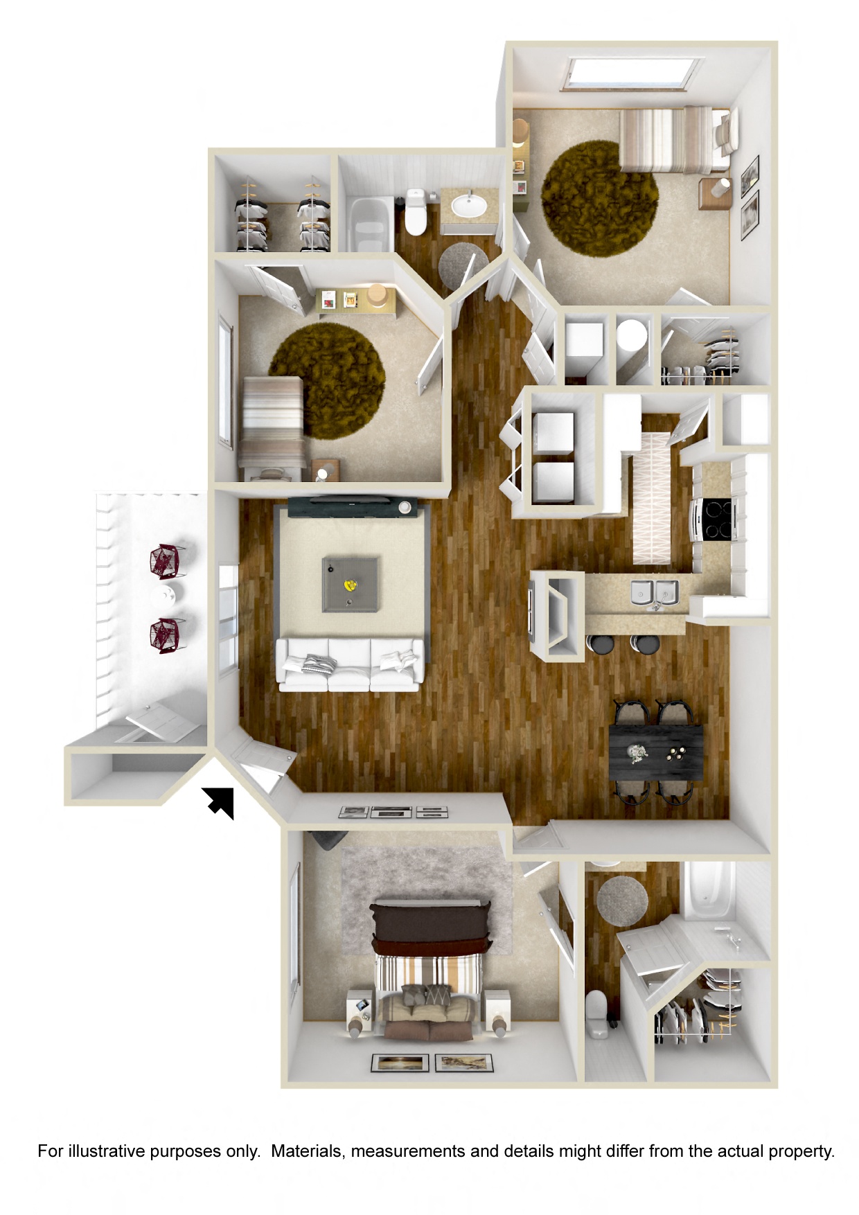 Floor plan for 3 beds, 2 baths, 1370 sqft